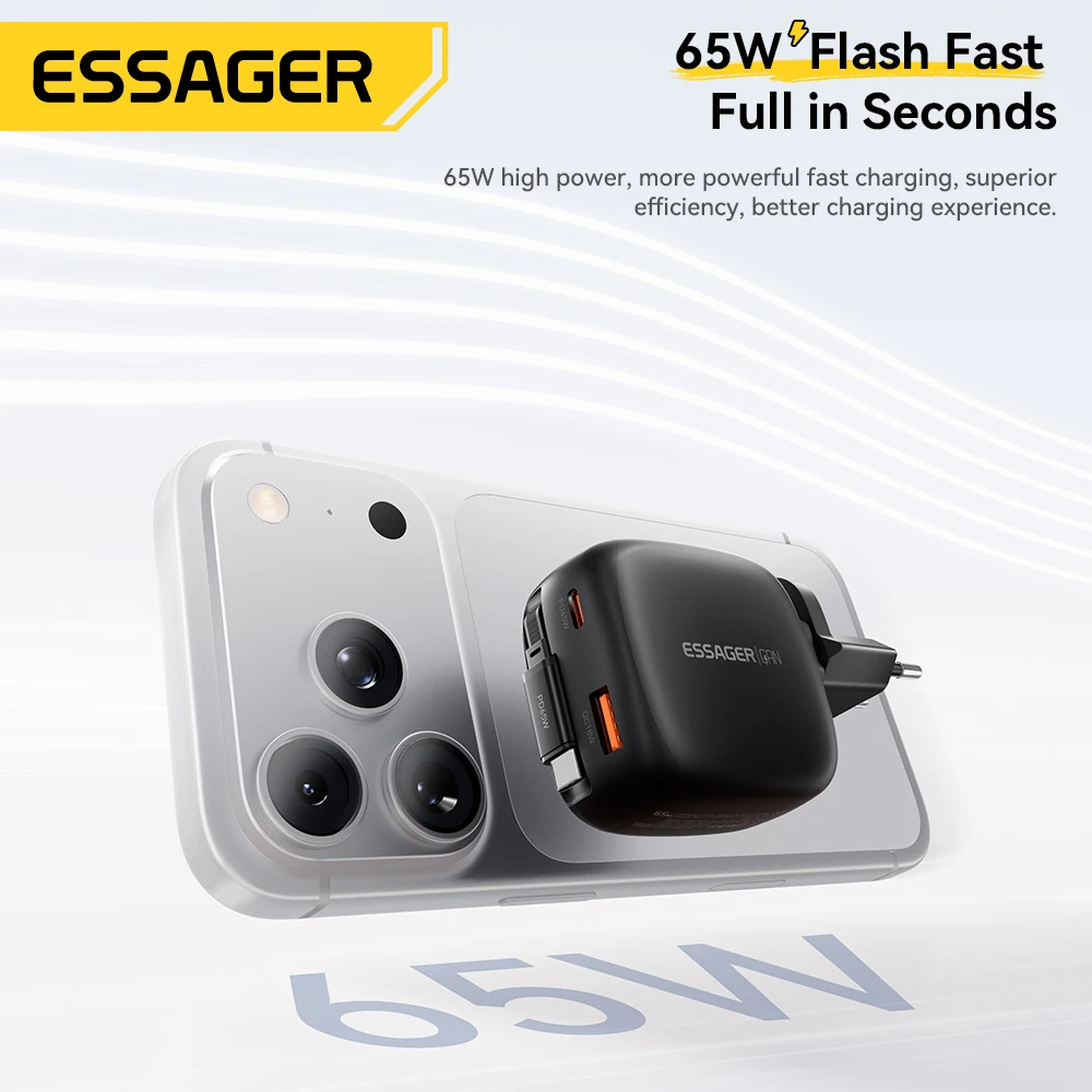

Essager 65W GaN Charger With Retractable Type C Cable For iPhone 17 16 15 14 Samsung Xiaomi QC 3.0 PD Quick Charger Adapter