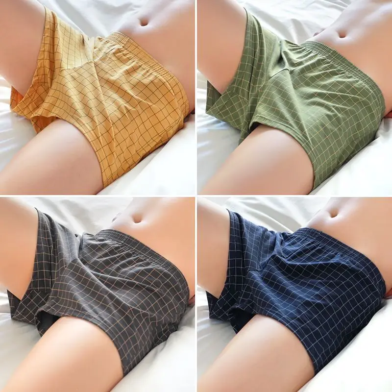 

4Pcs Mens Underwear Boxers Shorts Casual Cotton Sleep Underpants Homewear Men Panties Striped Plaid Loose Comfortable Underwear
