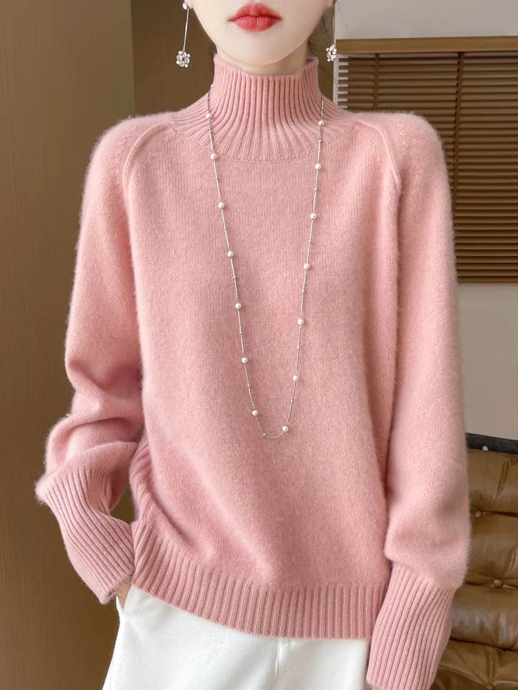 2024 Autumn Winter Women 100% Merino Wool Sweater Solid High Collar Thick Knitted Pullover Casual Basics Cashmere Clothing Tops