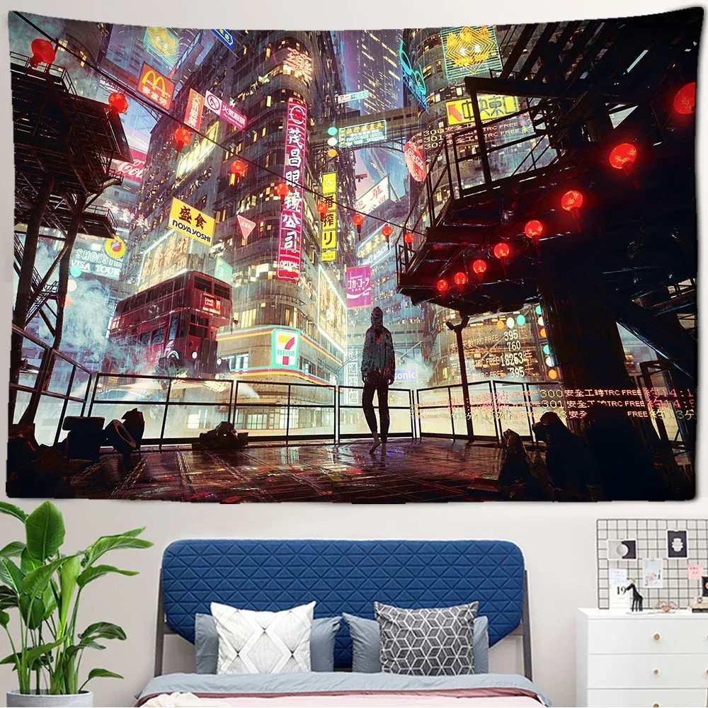 Japan City Night Scene Tapestry Cyberpunks Future Steam City Tapestry Wall Hanging Psychedelic Hippie Home Bedroom Decorations