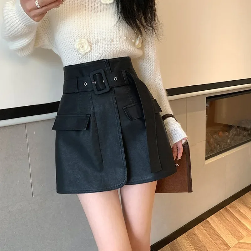 

DAYIFUN Brown Black PU Leather Skirts Women's Autumn Winter New High Waist A-line Half Skirt Solid Splicing Design Short Dresses