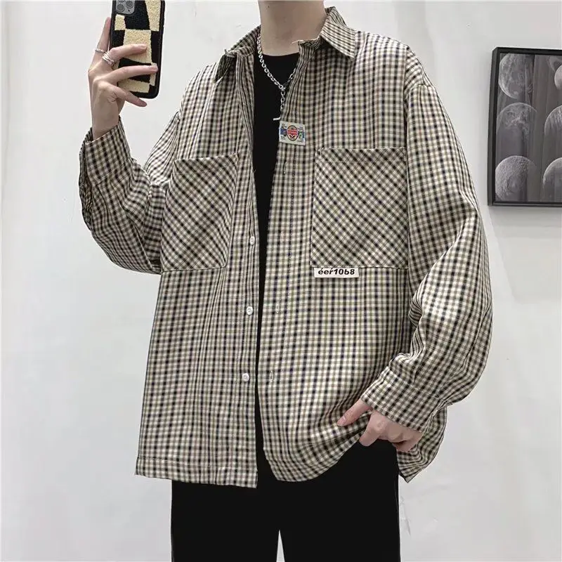 

Spring Checkered Shirt Men's Hong Kong Style Casual Loose Long Sleeved Shirt Versatile and Handsome Top