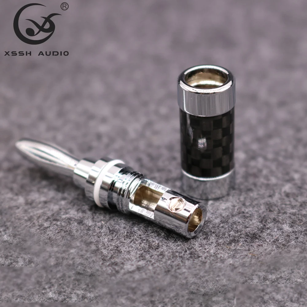 Konektor Pisang GuangZhou YIVO XSSH Colokan Listrik Rhodium Berlapis Kuningan Serat Karbon OEM untuk Kabel Speaker Diameter Maksimal 5Mm
