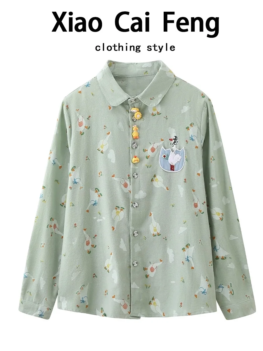 楽しい漫画プリント柄の長袖Tシャツ、女性用、春・秋の新作、森系、カレッジ風、万能なベーストップ