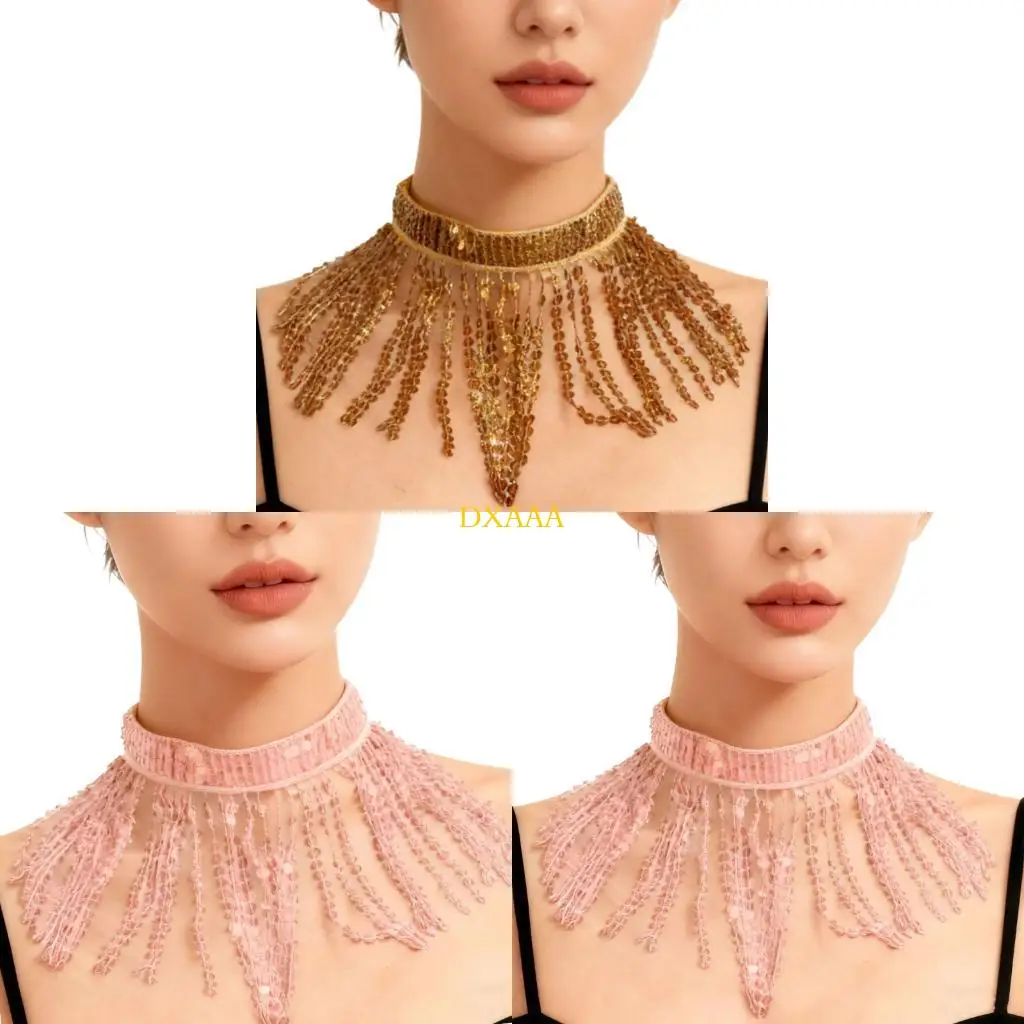DXAA Sequins Tassels Fringe Choker Necklace Halloween Costume Belly Dance Jewelry