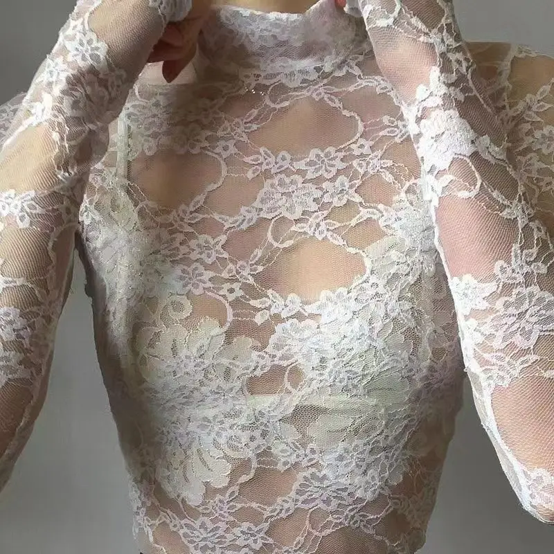 Y2k Sheer Lace Blouse Tops Women Long Sleeve Turtleneck Summer Mesh Patchwork Slim Fit Sunscreen Thin Spring Casual Tops
