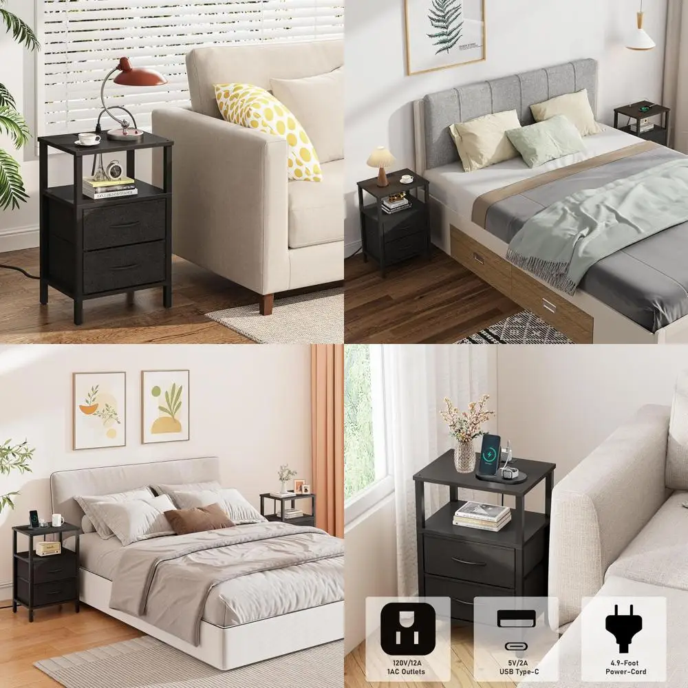 

Прикроватная тумбочка с двумя USB-портами для зарядки и розетками, комплект из 2 штук, черный, приставной столик для дивана