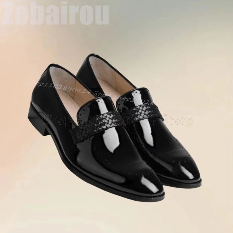 

Black Knitted Carving Design Patent Leather Loafers Fashion Slip On Men Shoes Luxurious Handmade Party Banquet Men Dress Shoes