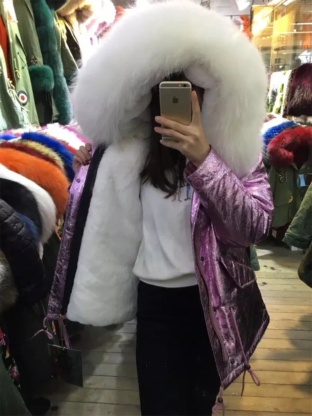 High Quality Purple Leather Parka Ladies Winter White Faux Fur Clothing Popular Women Overcoat