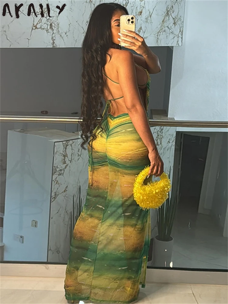 Akaily Summer Green Gradient Halter Ruched Long Dress Sexy Clubwear For Women 2024 See Through Backless Bandage Split Party Robe