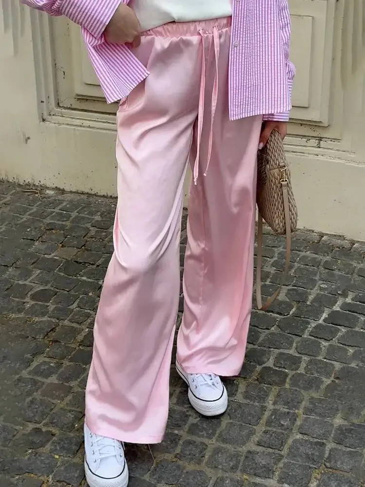 2025 New Autumn Long Straight Pants Women Fashion Solid High Waist Lace-up Trouser Female High Street Long Pants Ladies