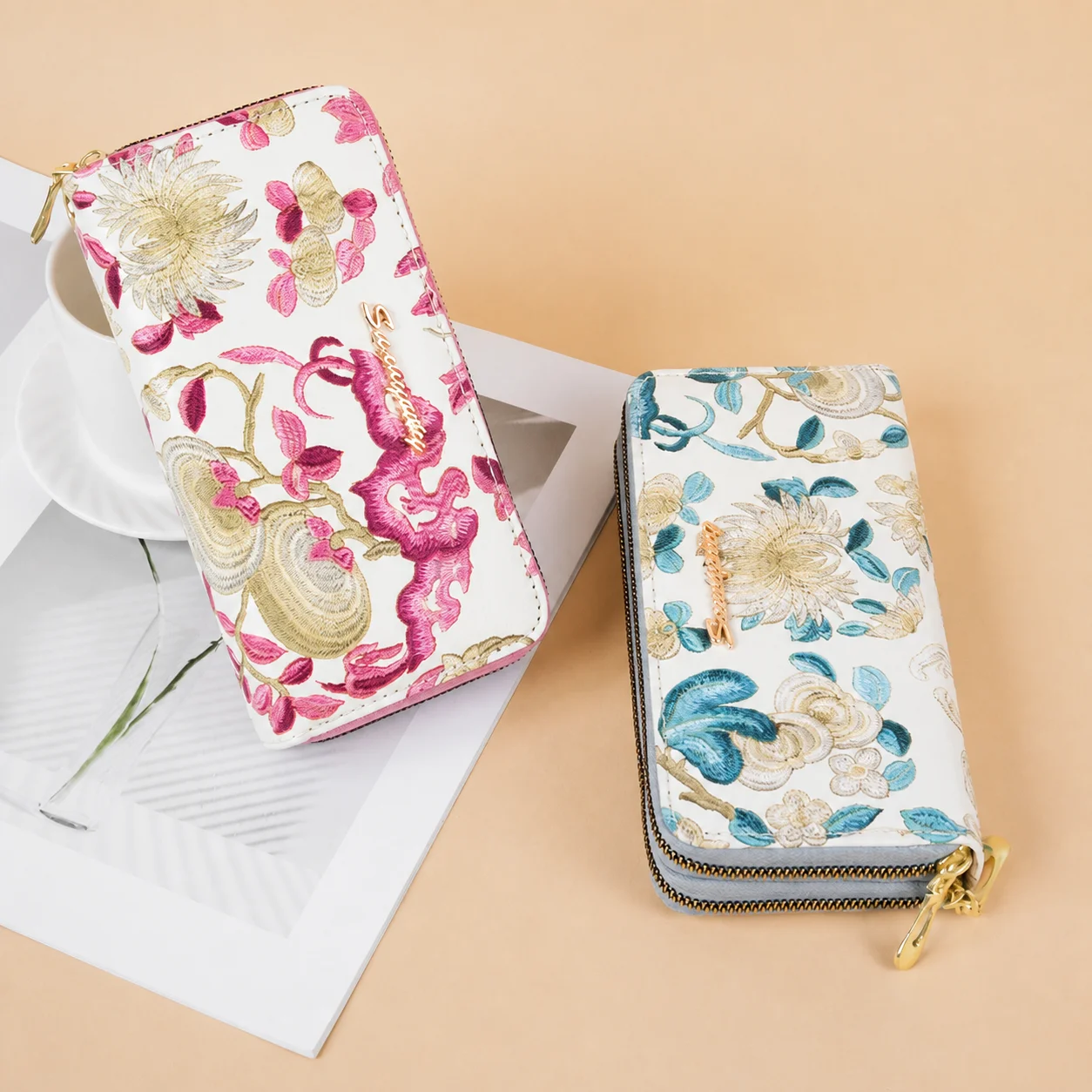 Floral Embroidery Wallet Water Resistant Card Holder Double Zipper Wallet Floral Embroidered Coin Purse For Coin Storage Mobile