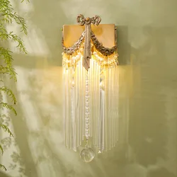 French Retro Vintage Brass Bow Crystal Wall Lamp European Luxury Tv Wall Bedroom Bedside Aisle Led Lighting