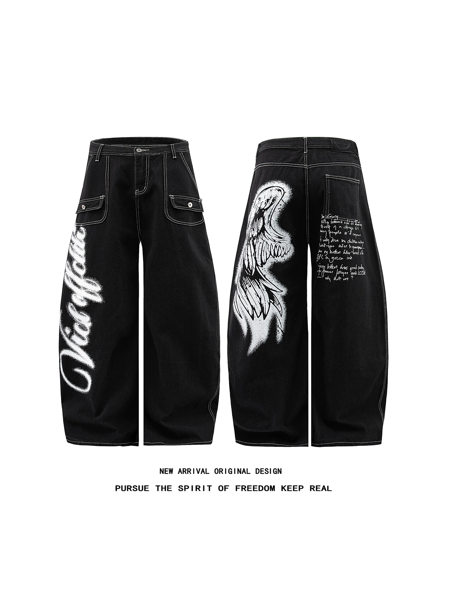 American High Street Graffiti Print Whitelines Men's Wide Leg Jeans Multiple Pockets Casual Loose Fit Denim Pants for Teens