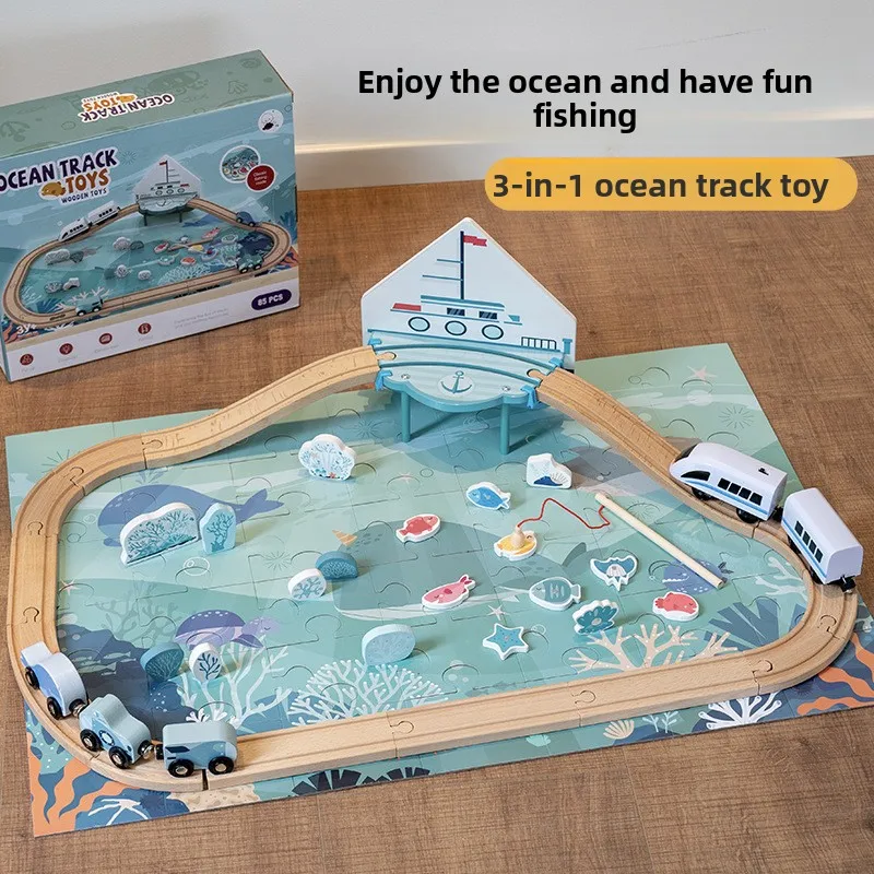 

Children Toy Diy Wooden Puzzle Ocean Theme Miniature Railway Train Building Blocks Set Constructor Montessori Board Games Gift