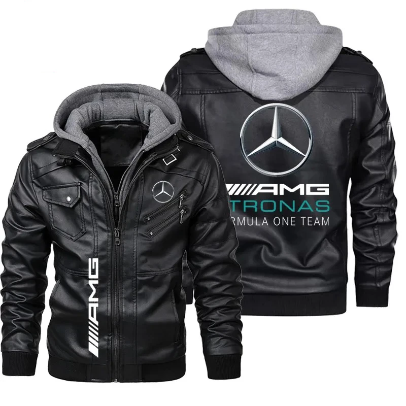 

Mercedes-Benz Logo Printed Racing Suit Retro Washed PU Leather Jacket Men's Hooded Jacket Mercedes AMG Team Work Uniform