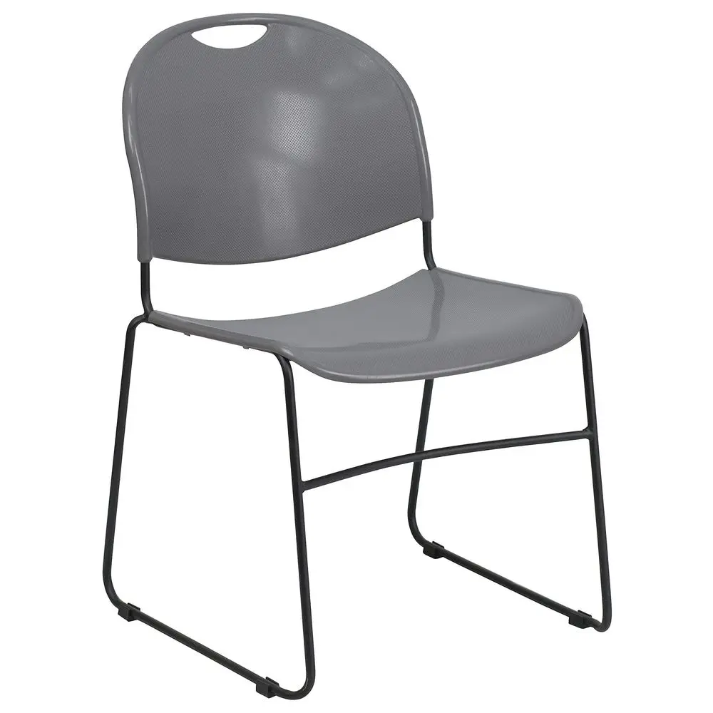 

HERCULES Series Silla apilable ultracompacta gris de 880 libras con marco recubierto de polvo negro