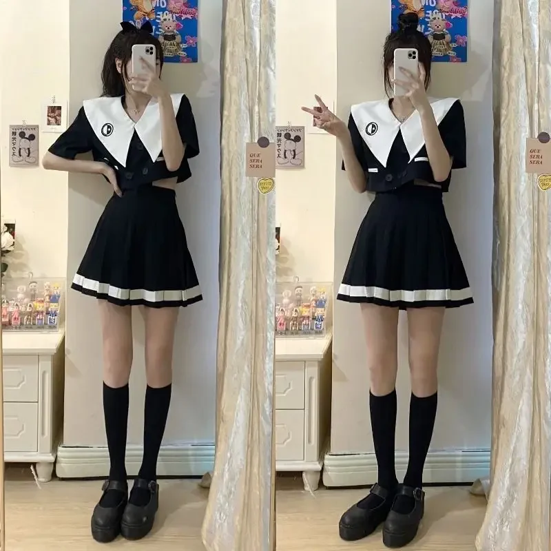 Imagem -05 - Blusa de Seios Duplos e Saia Plissada de Cintura Alta Feminina Doce Estilo Preppy Conjunto Japonês jk Novo Verão 2023