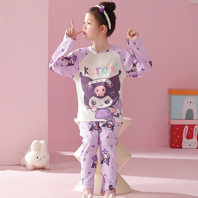 

Sanrio Kuromi детский комплект одежды для сна с длинными рукавами, хлопковая домашняя одежда Melody для девочек и мальчиков, осенне-зимние термопижамы с героями мультфильмов