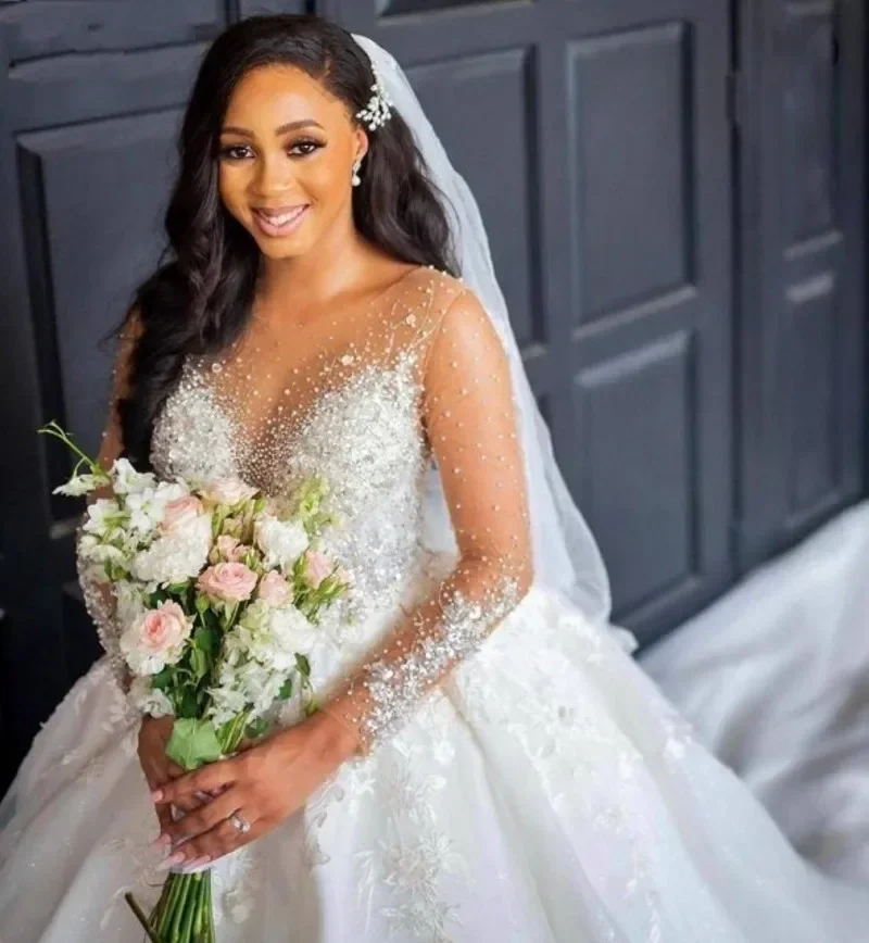 Customize Vinca Sunny Luxury Wedding Dresses Ball Gown O-Neck Beaded Appliques Long Sleeves Gownf Vestido Vestidos De Novia