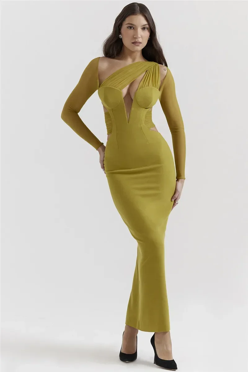 Mulheres Elegante Oco Out Vestido Maxi, Sexy Bodycon, Malha, Manga Pura, Clube, Festa, Impressão, Longa, Novo, Moda, CSM7JY23718