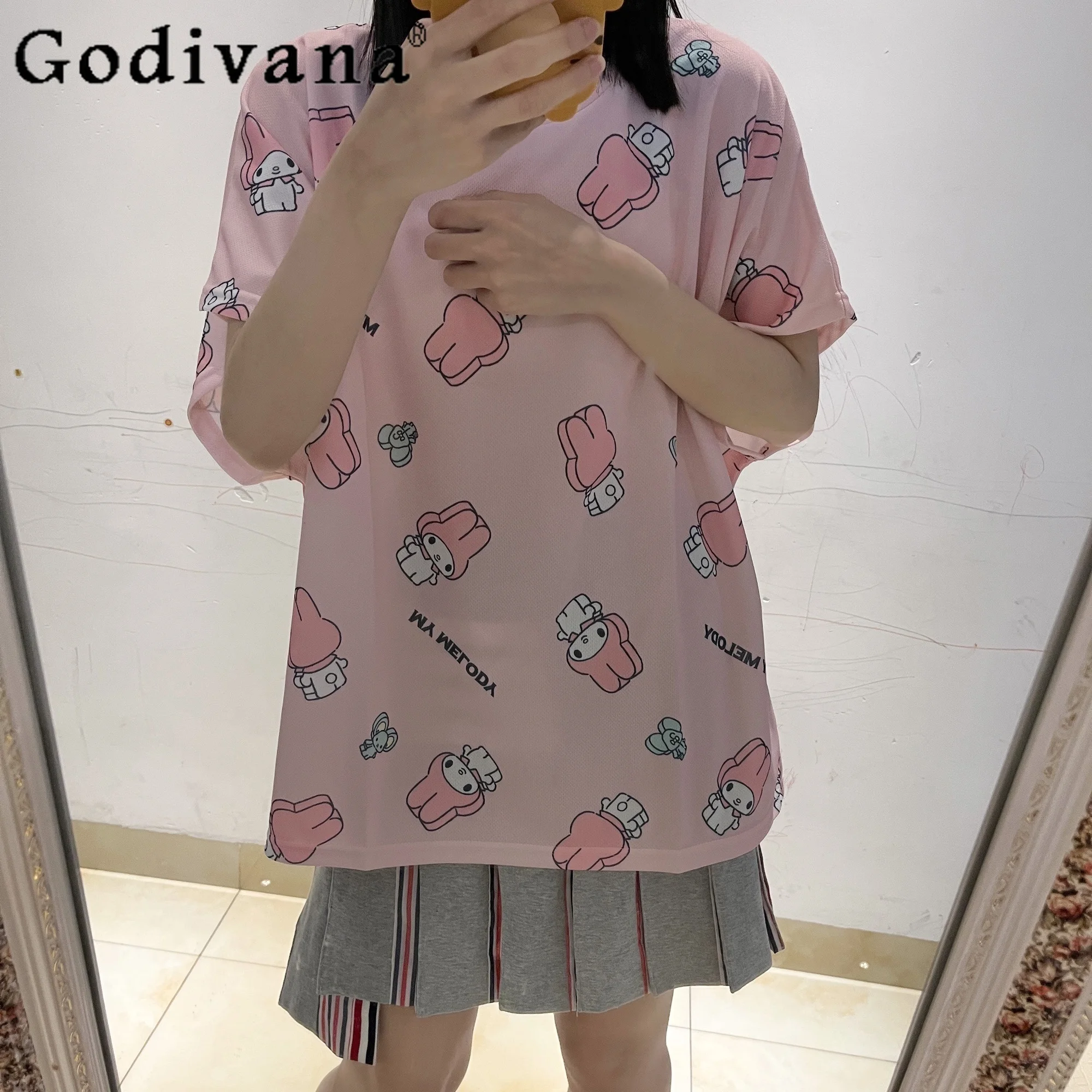 

Summer New Fashion Preppy Cartoon Print Pink Student T-shirt Girly Sweet Cute Loose Slim Mid-Length Oversize Tees Y2k Top Women