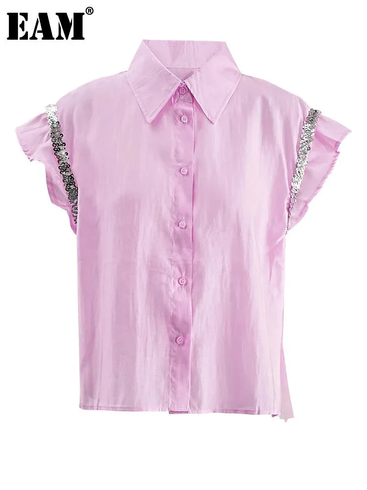 

[EAM] Women pink Color Sequins Mesh Ruffles Big Size Blouse New Lapel Sleeveless Shirt Fashion Tide Spring Summer 2024 CPG1527