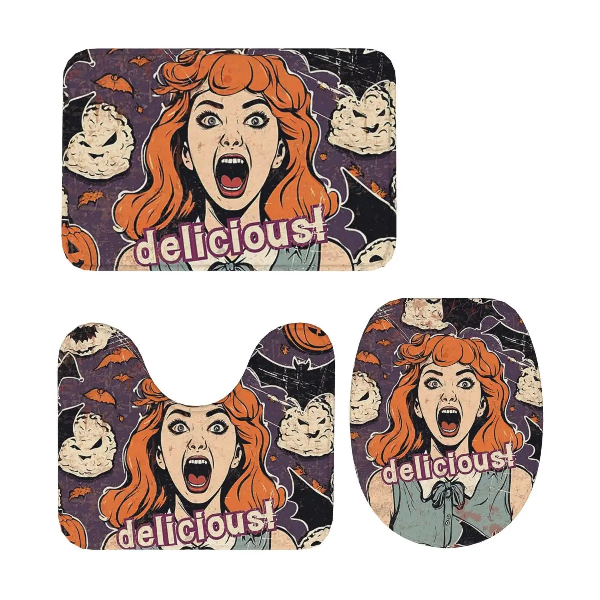 

Rice Balls Is Delicious! Halloween Girl Version 3 Pcs Bath Mat Bathroom Set Toilet Lid Cover Home Decor Non-Slip Carpet FloorRug