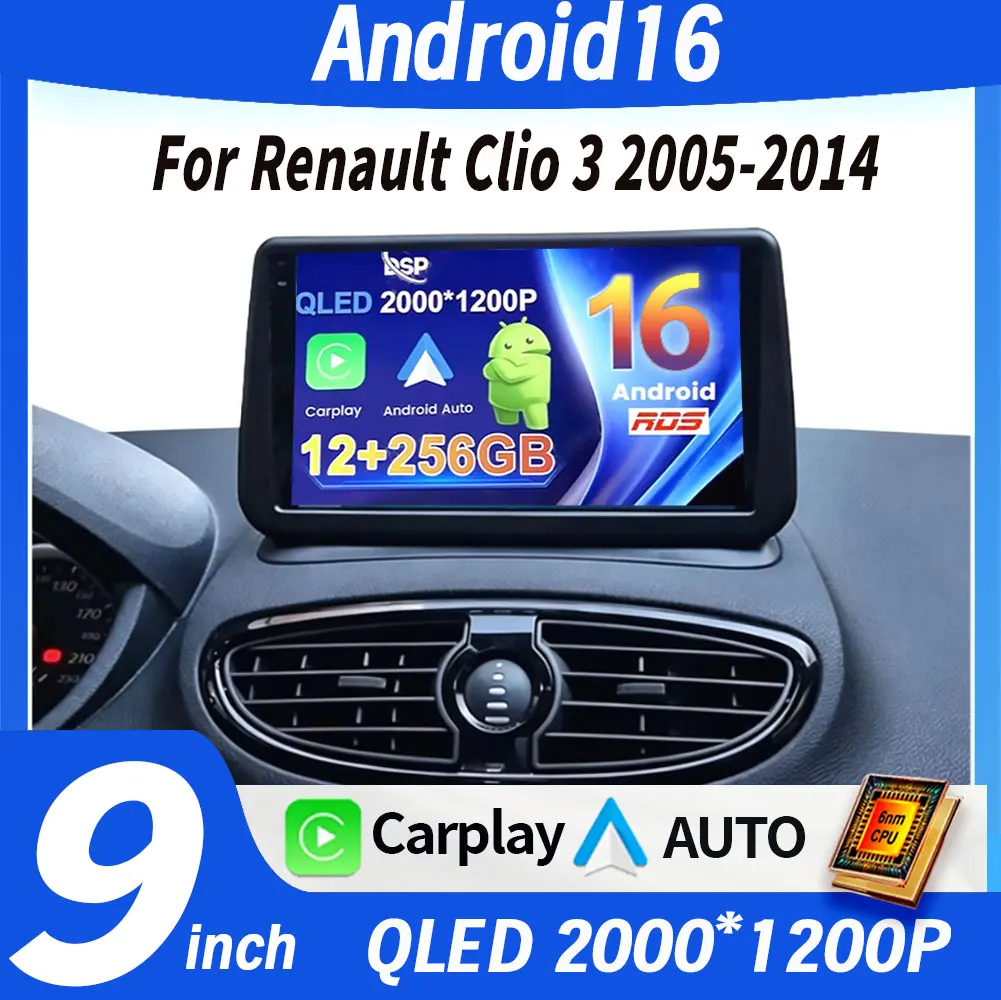 Android 16 For Renault Clio 3 2005-2014 2K QLED Android Car Radio Multimedia Video Player GPS Stereo CarPlay 4G Head Unit