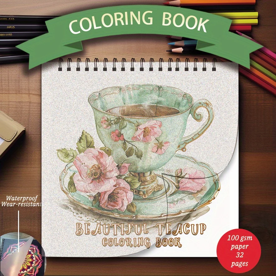 Coloring Book - 7.87 x 7.87 inches 32 pages Beautiful Teacup Coloring Book - Helps with Soothing, Gifts for Family or Friends