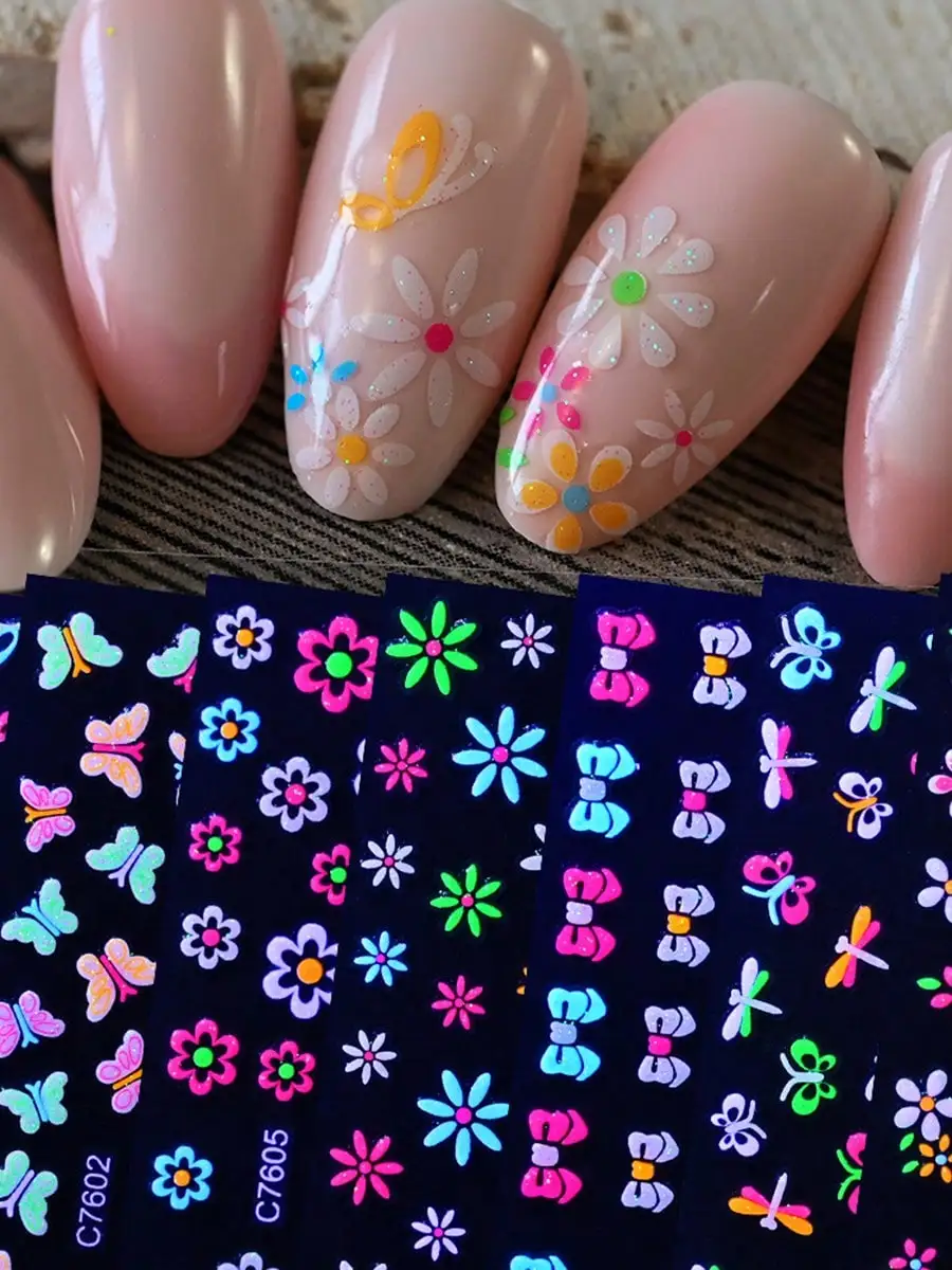 Glow in The Dark Neon Nail Stickers Glittery Glossy Self-Adhesive Nail Art Stickers Butterfly Love Heart Flower Nail Art Decor
