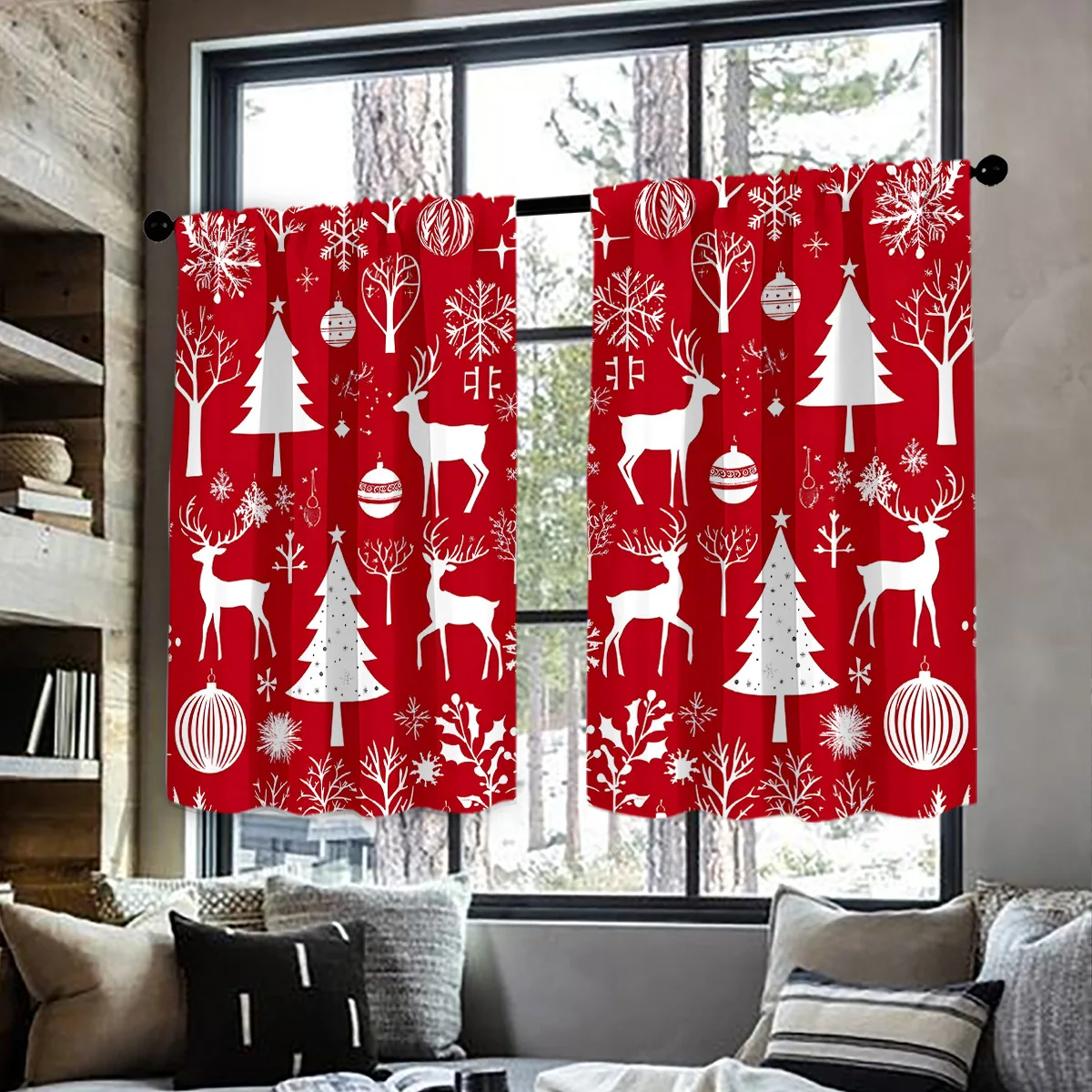 VIKAMA Christmas Kitchen Window Valance Curtain Waterproof Oil Proof Short Tier Set