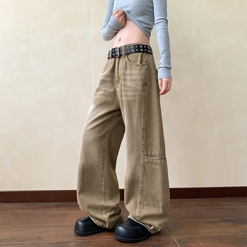 Baggy Jeans Men Distressed Wash Cargo Trousers Streetwear Wide Leg Drop Croch Hip Hop Joggers with Big Pockets for Teen Boys