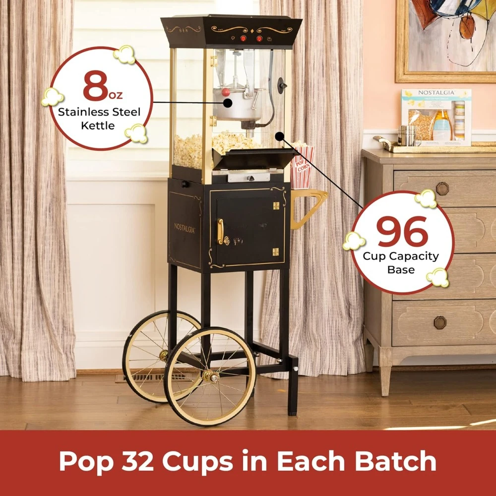 Popcorn Maker Machine - Professional Cart With 8 Oz Kettle Makes Up to 32 Cups Vintage Popcorn Machine Movie Theater Style