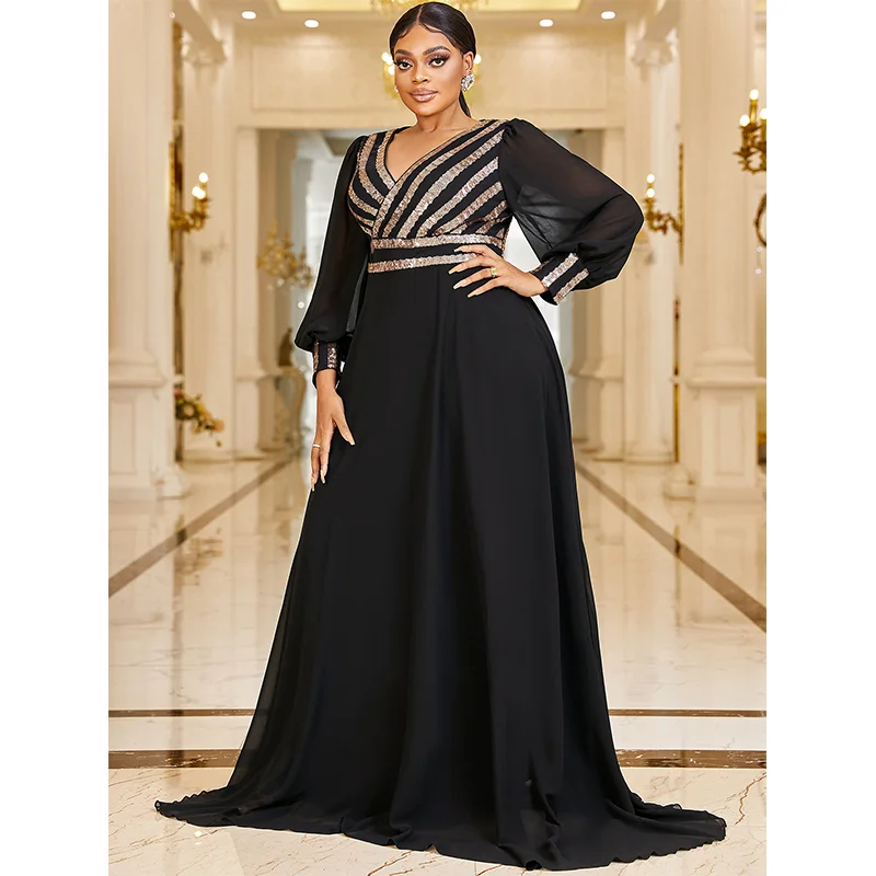 Plus Size V Neck Stripe Sequined Chiffon Dress 5XL 6XL Big Size Black Maxi Long Sleeve Spring Gold Stripe Luxury Evening Dresses