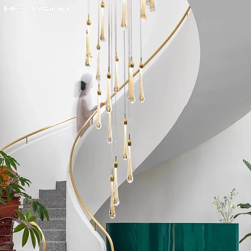 Modern Minimalist Water Drop Gold Crystal Glass LED Ceiling Chandelier Lighting For Staircase Dining Room And Kitchen Island Pen