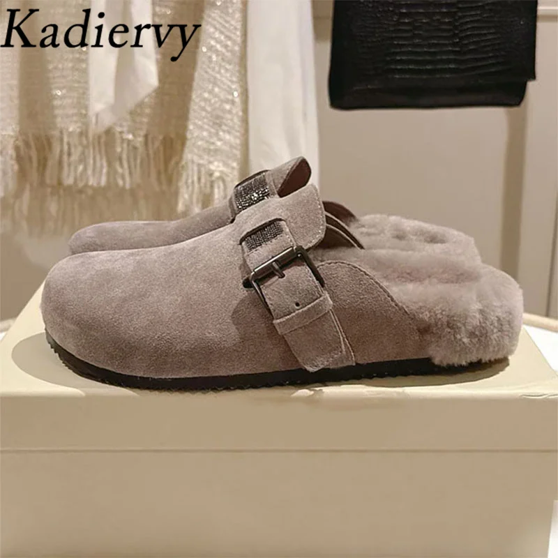 

Autumn Winter Slippers Women Chain String Bead Belt Buckle Mules Shoes Women Cow Suede Flat Slides Rabbit Hair Slippers Woman