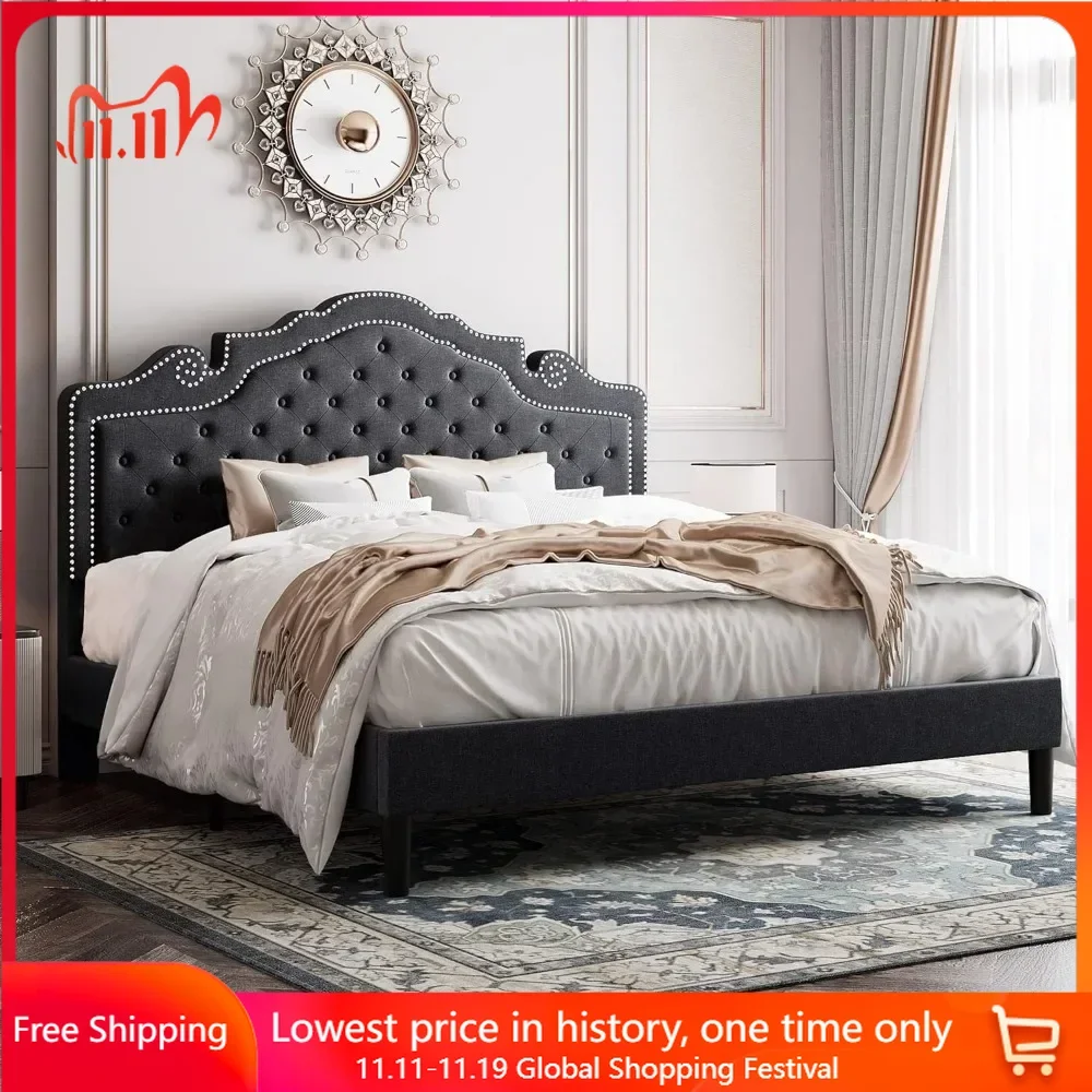 

King Bed Frame with Tiara Headboard，Sturdy Wood Slats Support No Box Spring Needed Mattress Foundation，Bed Frame