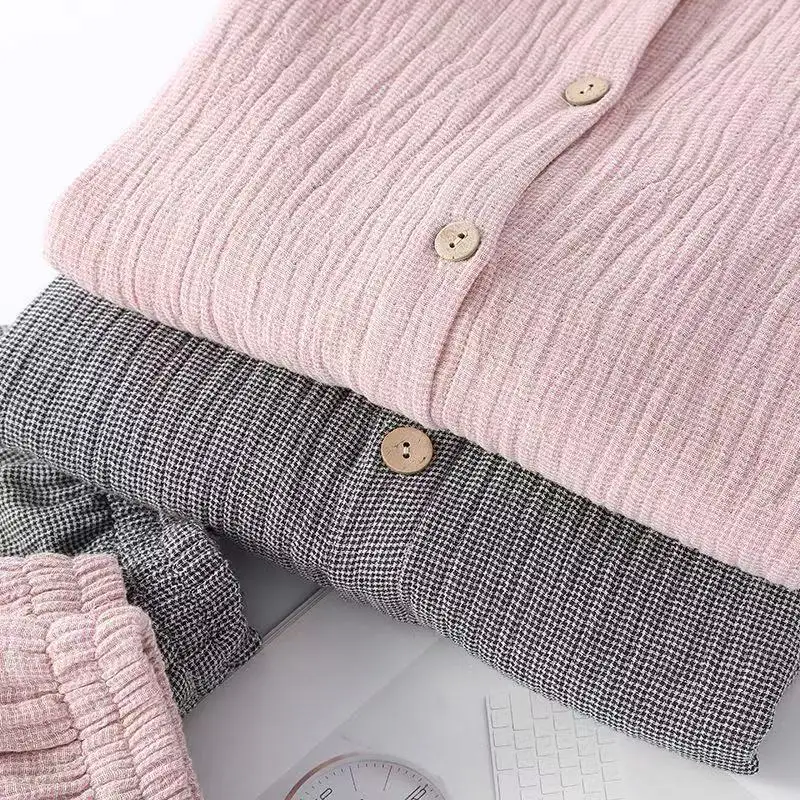 Japanese Style Pure Cotton Pajamas Men Women Breathable Four Layer Gauze Shirt Pants Set Comfortable Leisure Couples Homewear