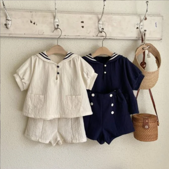 2025 New Girls Boys 2 Pcs Set  Shirt+Shorts  Summer Sailor Collar Cotton Linen  Fashion Kids  Suits 1-7 years A76