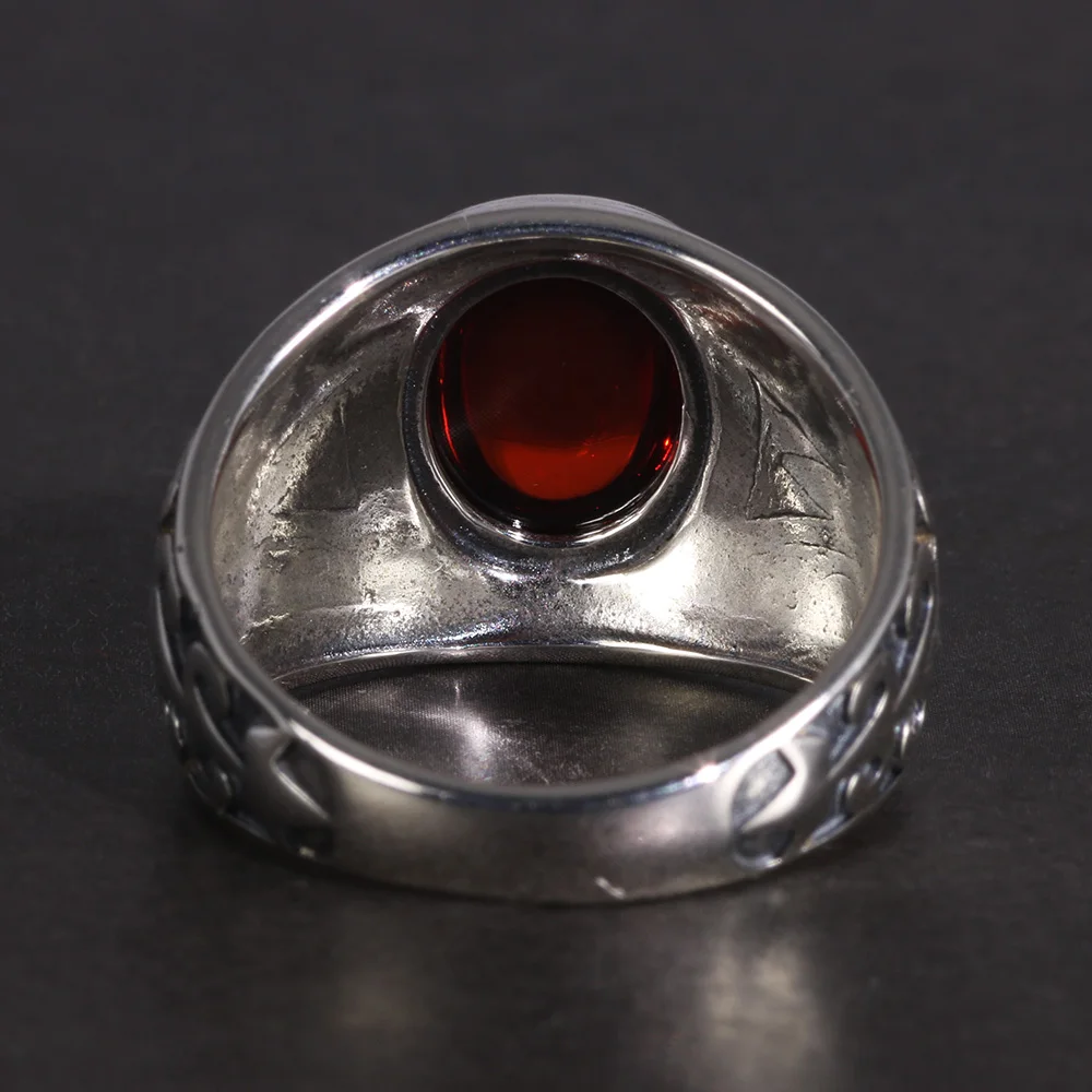 Real 925 Sterling Silver Jewelry Vintage Rings For Men Engraved Flowers With Red Garnet Natural Stone Fine Jewellery
