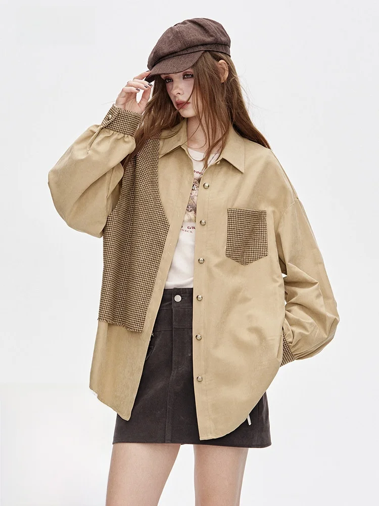 

Loose Fit Plaid Patchwork Long Sve irt Casual Sle Mid-Length Women's Faion Outerwear by ELFSA Long Termism irt