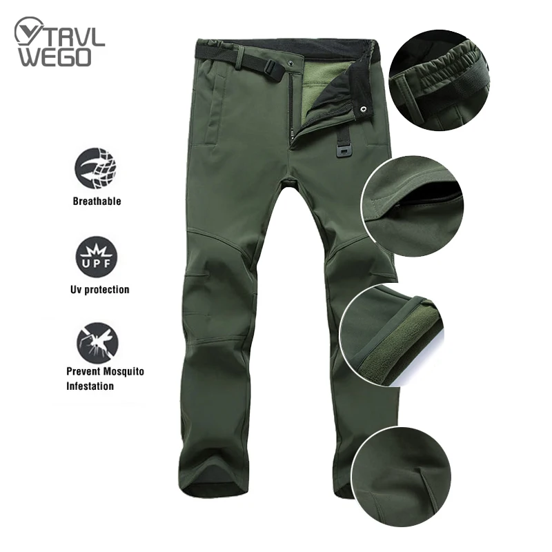 

TRVLWEGO Winter Men Camping Hiking Pants Tactic Travel Soft Shell Warm Waterproof Fleece Windproof Outdoor Trekking Trousers