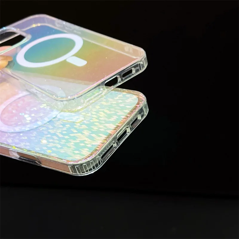الليزر شبكة نمط أورورا بريق المغناطيسي قضية الهاتف آيفون 16 15 14 13 12 برو ماكس زائد 11 الملونة واضح للصدمات قذيفة