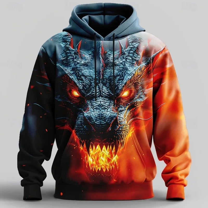 

3D Printed Flame Dragon Pattern Men's Hoodies Creative Design Long Sleeve Hooded Sweatshirt Fashion Loose Casual Unisex Clothing