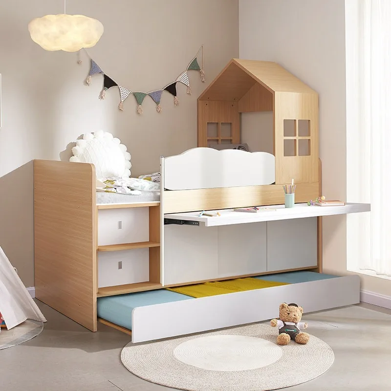 Light luxury multi-function bed, log style Nordic half-height bed plus desk bed, small apartment combination