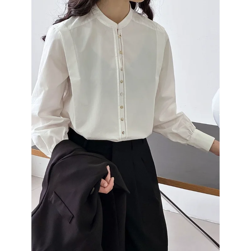 

New Chinese Style Design Stand Collar Long Sleeve Blouse Women Loose Solid Color Patchwork Layering Shirt