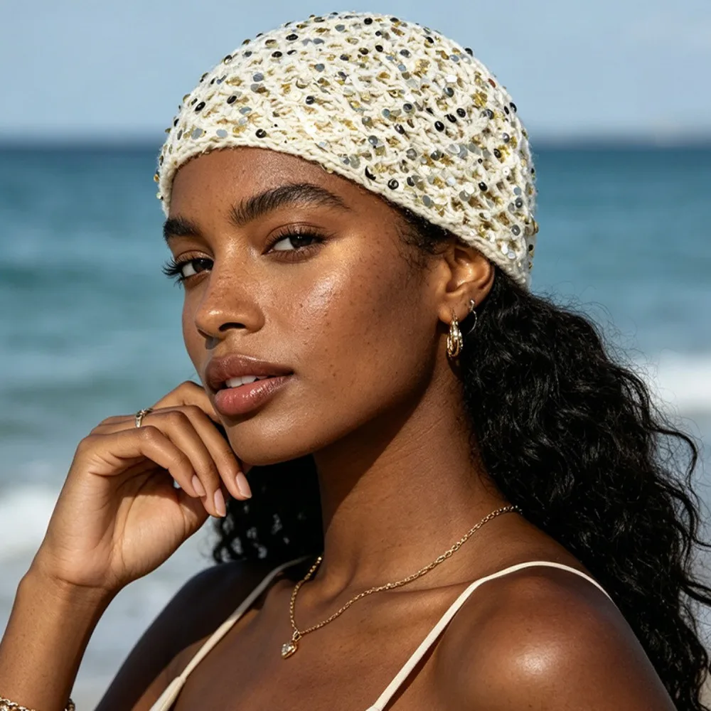 Casual Elegant Sequined Beanie Thin Bohemian Style Knitted Hat Crochet Korean Weave Cap Outdoor