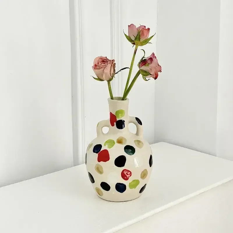 Hand Drawn Colorful Dot Ceramic Vase, Vintage French Single Handle Vase, Flower Arrangement, Living Room Decoration Ornament