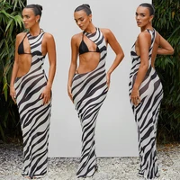 Sexy Zebra Stripes 3 Pieces Bikini Set 2023 Summer Beach Wear Hollow Out Bikinis Swimsuit With Beach Skirt Swimwear Cover-up 2